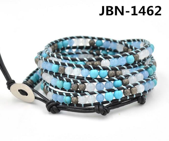 Wholesale blue turquoise 5 wrap leather bracelet on black leather