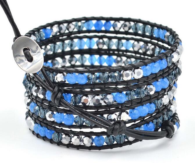 Wholesale blue color crystal and white crystal  5 wrap leather bracelet