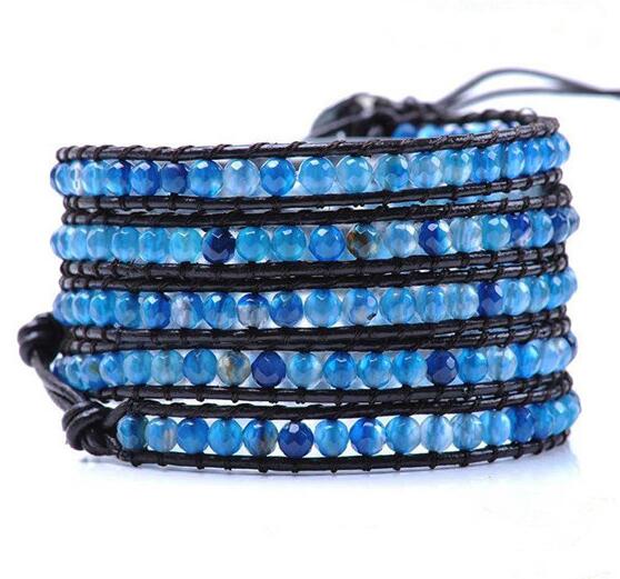 Wholesale blue color crystal  5 wrap leather bracelet
