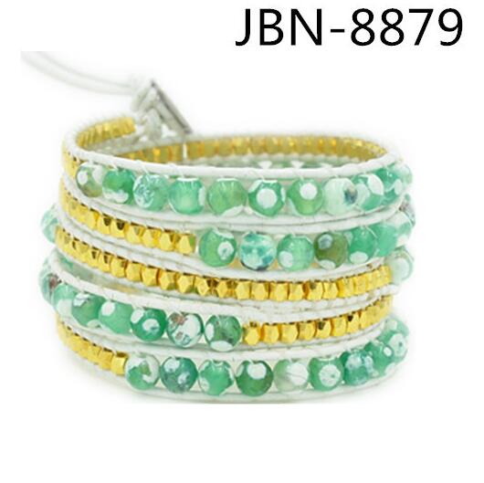 Wholesale blue cololr carnelian and gold color bead 5 wrap leather bracelet on white leather