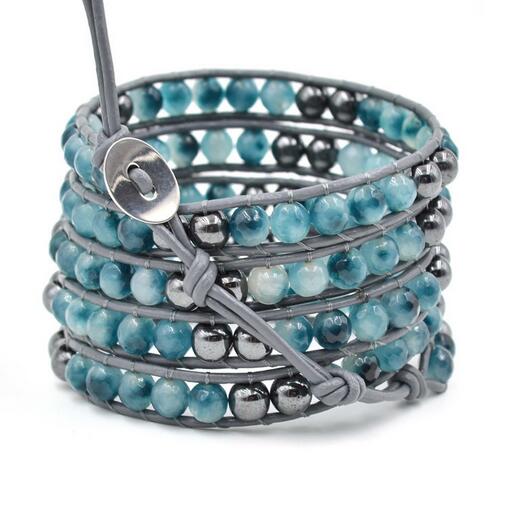 Wholesale blue carnelian 5 wrap leather bracelet on grey leather