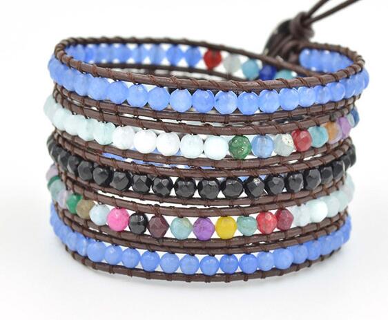 Wholesale blue carnelian  5 wrap leather bracelet