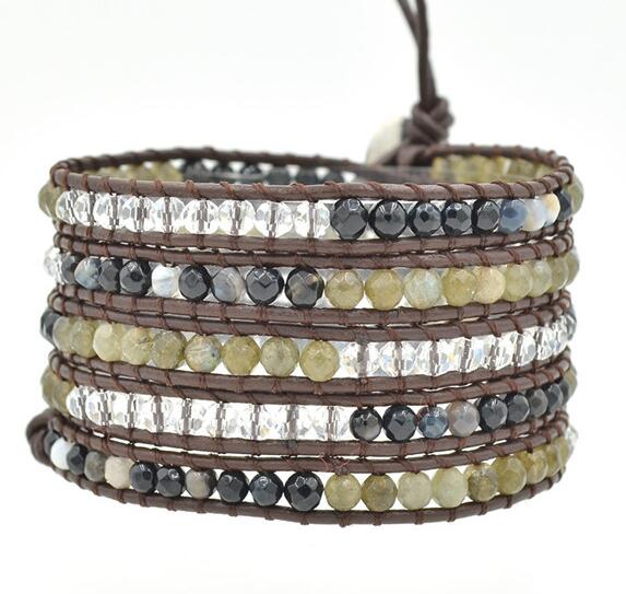 Wholesale black color crystal  5 wrap leather bracelet