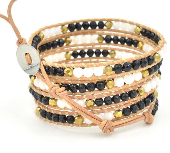 Wholesale black color carnelian and plating white color bead  5 wrap leather bracelet