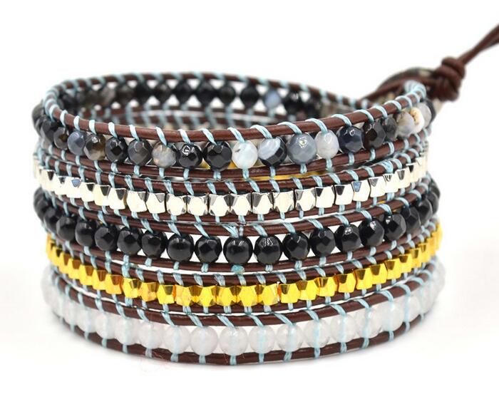 Wholesale black color carnelian 5 wrap leather bracelet