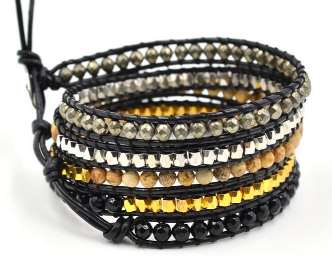Wholesale black color carnelian 5 wrap leather bracelet