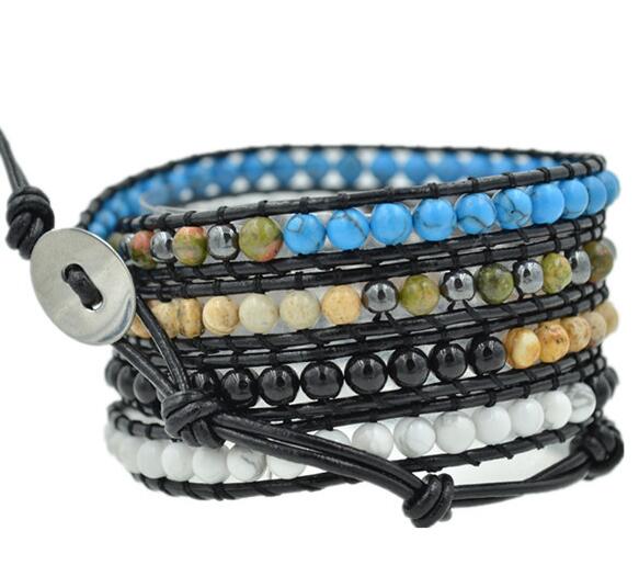Wholesale black color carnelian 5 wrap leather bracelet