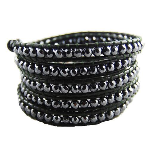 Wholesale black color carnelian 5 wrap leather bracelet