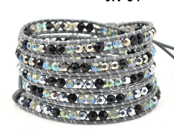 Wholesale black color carnelian  5 wrap leather bracelet