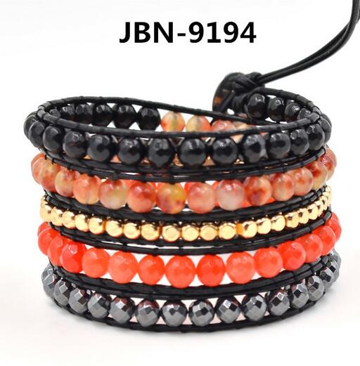 Wholesale black and brown color  carnelian 5 wrap leather bracelet