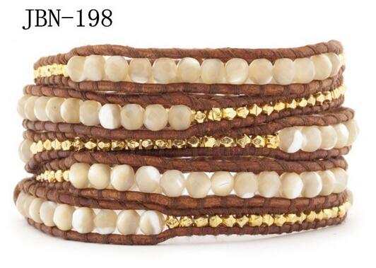 Wholesale bell and gold crystal 5 wrap leather bracelet on brown leather
