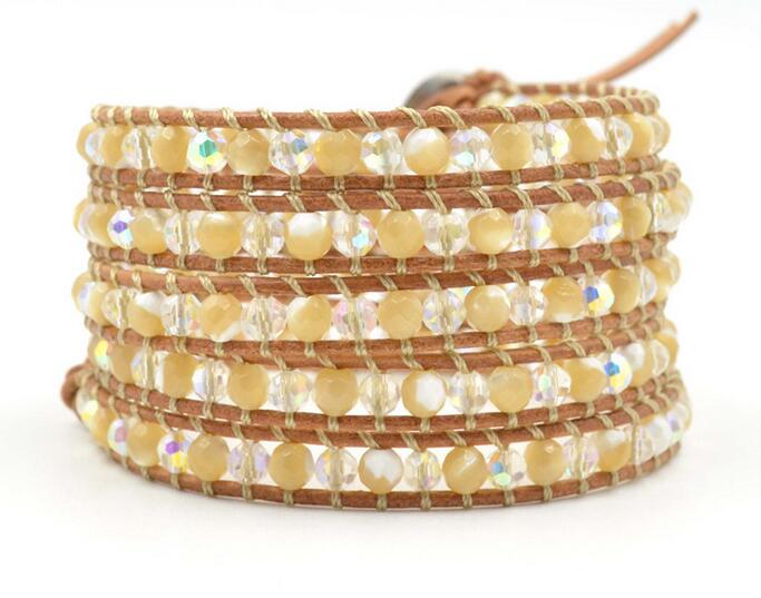 Wholesale beige color stone  5 wrap leather bracelet on beige leather