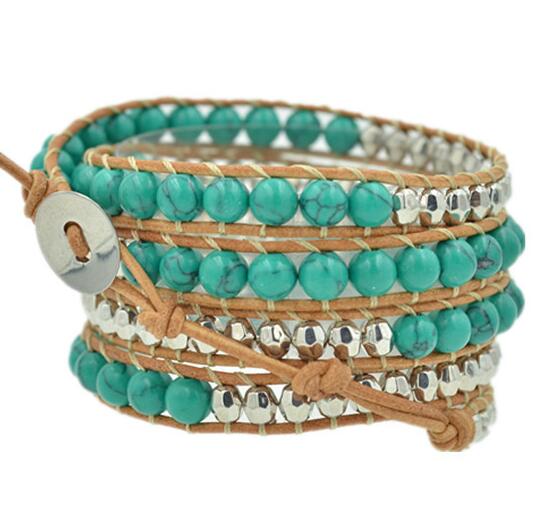 Wholesale 6mm green turquoise  5 wrap leather bracelet on brown leather