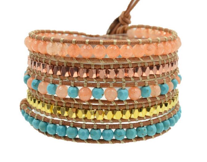 Wholesale turqoise and orange color carnelian 5 wrap leather bracelet