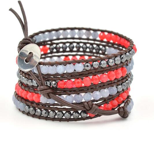 Wholesale red color carnelian and black color 5 wrap leather bracelet