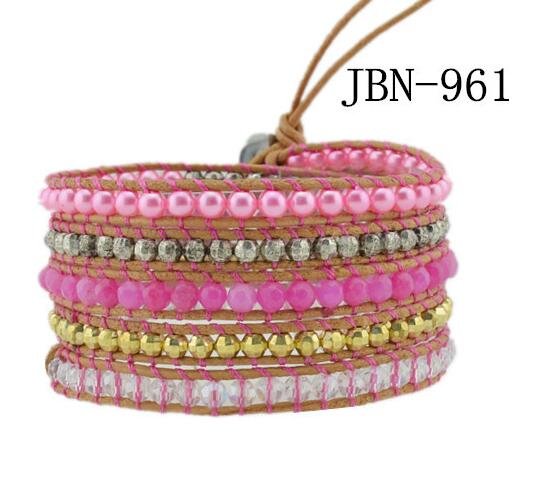 Wholesale pink color crystal 5 wrap leather bracelet