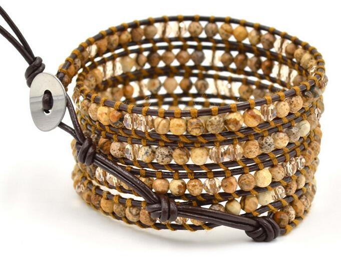 Wholesale brown color stone 5 wrap leather bracelet