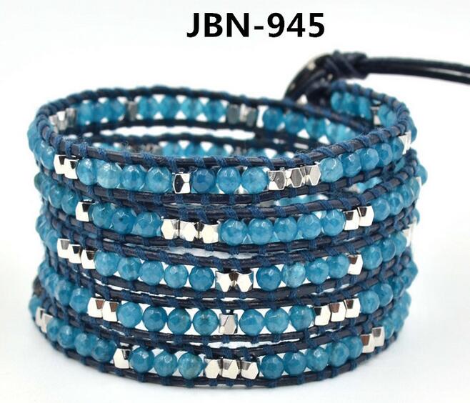 Wholesale blue color crystal 5 wrap leather bracelet