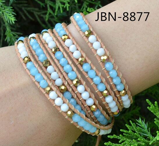 Wholesale blue bead 5 wrap leather bracelet