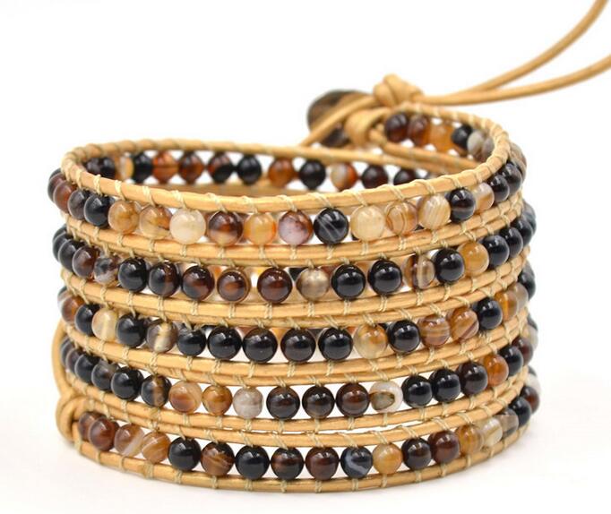 Wholesale black color carnelian 5 wrap leather bracelet