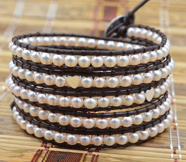 Wholesale white color pearl 5 wrap leather bracelet