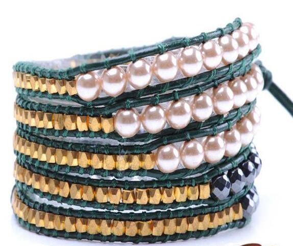 Wholesale white color pearl 5 wrap leather bracelet
