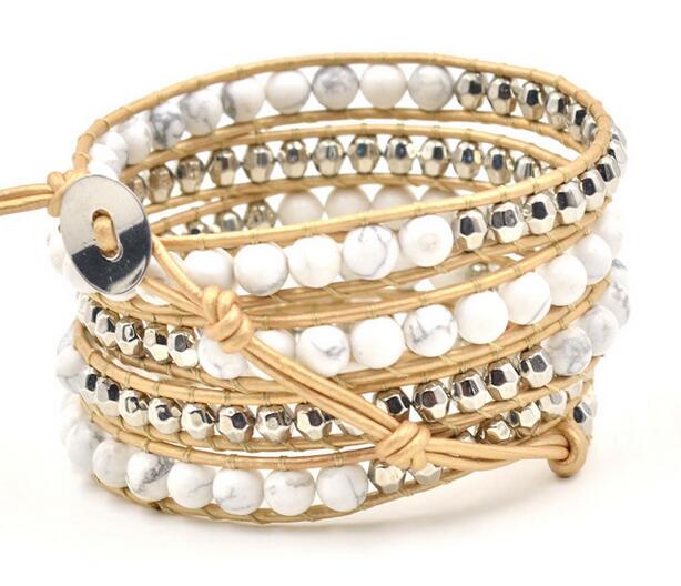Wholesale white color carnelian 5 wrap leather bracelet