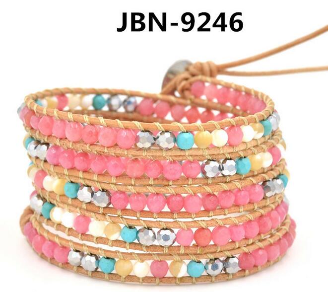 Wholesale pink color carnelian 5 wrap leather bracelet