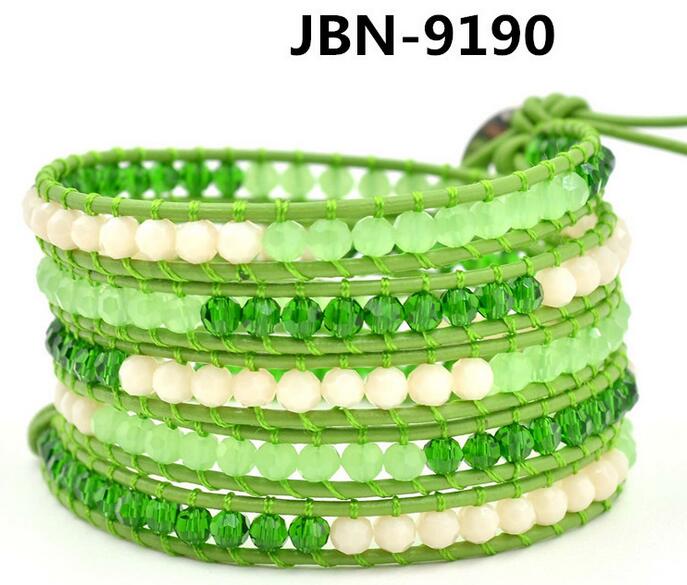 Wholesale green color carnelian 5 wrap leather bracelet on green leather