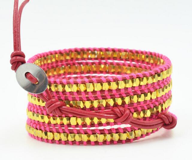 Wholesale gold color crystal 5 wrap leather bracelet