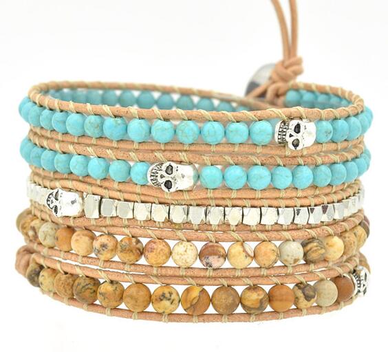 Wholesale blue color turquoise 5 wrap leather bracelet