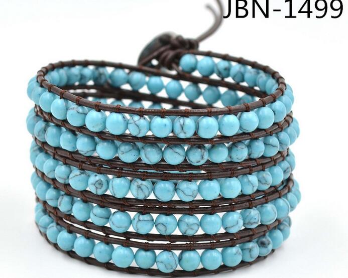Wholesale blue color turquoise 5 wrap leather bracelet