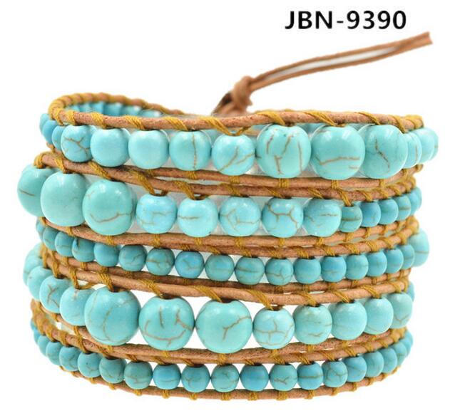 Wholesale blue color turquoise 5 wrap leather bracelet