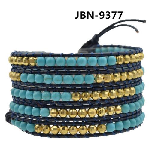Wholesale blue color turquoise  5 wrap leather bracelet