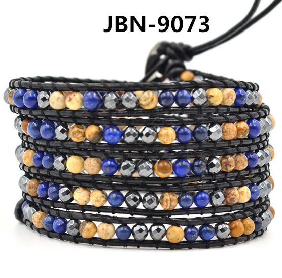 Wholesale blue color carnelian 5 wrap leather bracelet