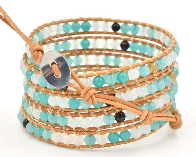 Wholesale blue color carnelian 5 wrap leather bracelet