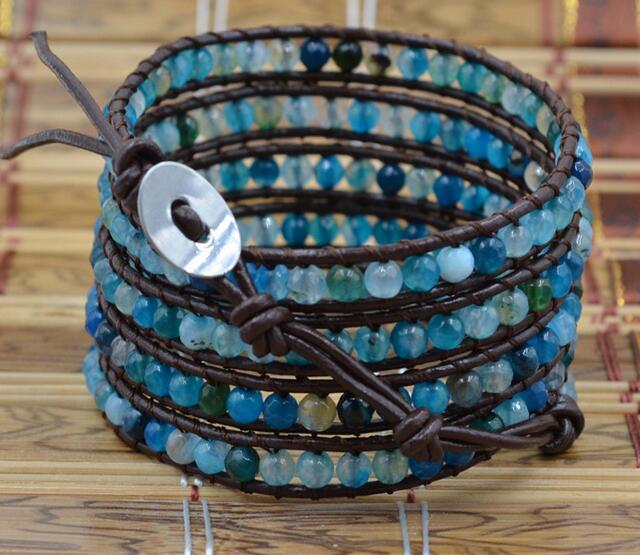 Wholesale blue carnelian 5 wrap leather bracelet