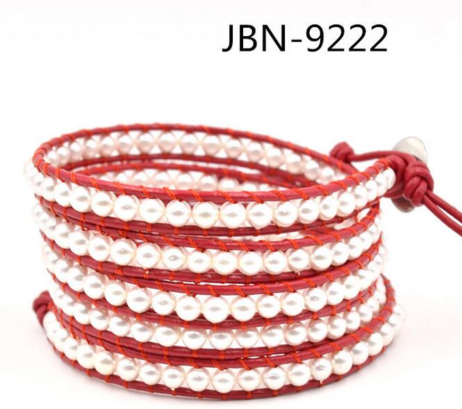 Wholesale white pearl 5 wrap leather bracelet
