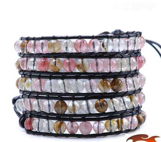 Wholesale white color crystal 5 wrap leather bracelet