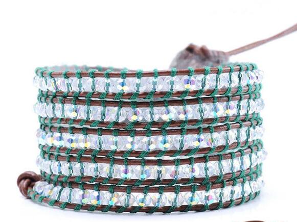 Wholesale white color crystal 5 wrap leather bracelet