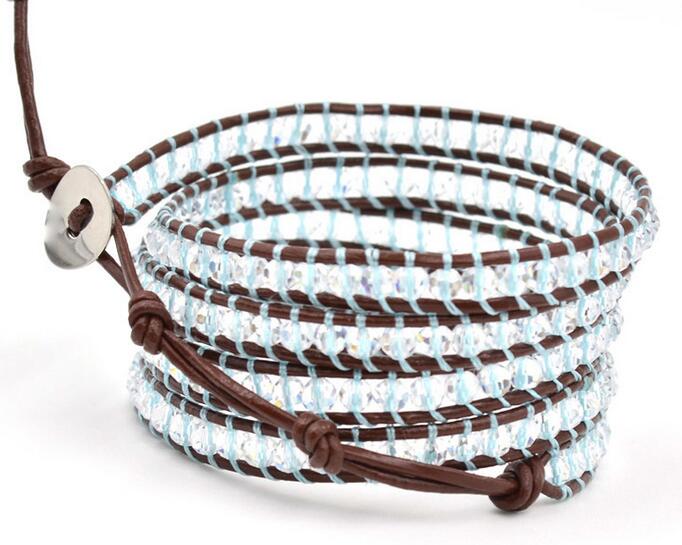 Wholesale white color crystal 5 wrap leather bracelet