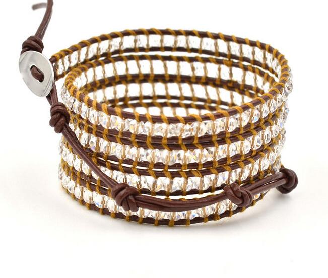 Wholesale white color crystal 5 wrap leather bracelet