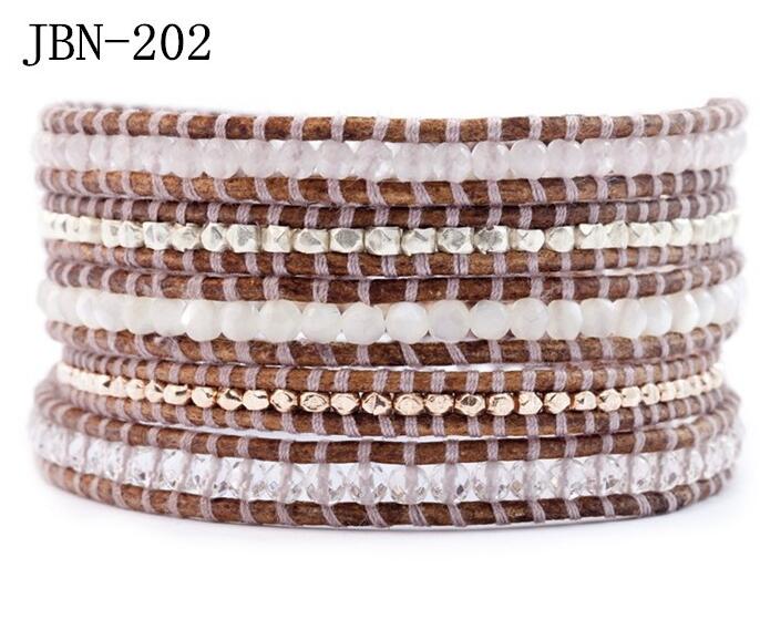 Wholesale white color carnelian and white crystal 5 wrap leather bracelet