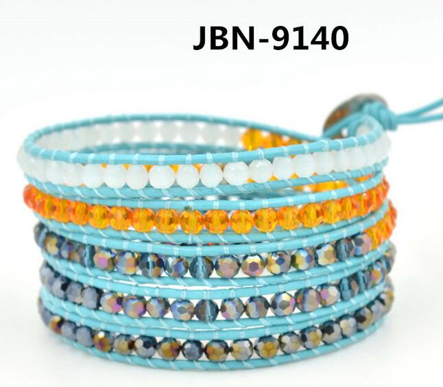 Wholesale white and orange color crystal 5 wrap leather bracelet