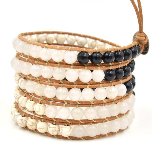 Wholesale white and black color carnelian 5 wrap leather bracelet