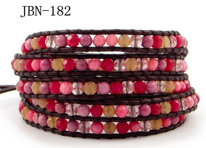 Wholesale red color stone 5 wrap leather bracelet