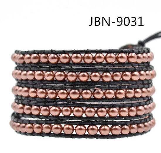 Wholesale purple color pearl 5 wrap leather bracelet