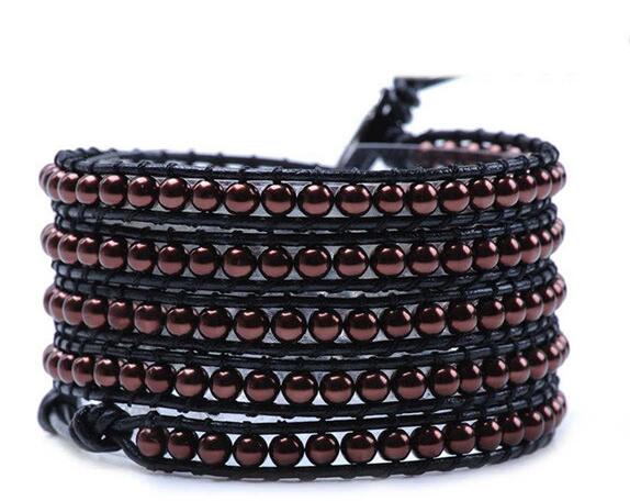 Wholesale purple color pearl 5 wrap leather bracelet