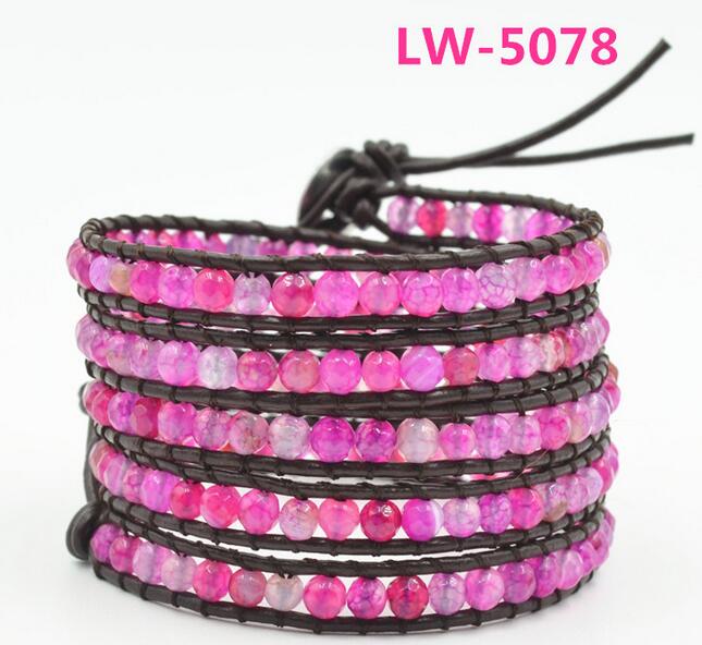 Wholesale purple color carnelian 5 wrap leather bracelet