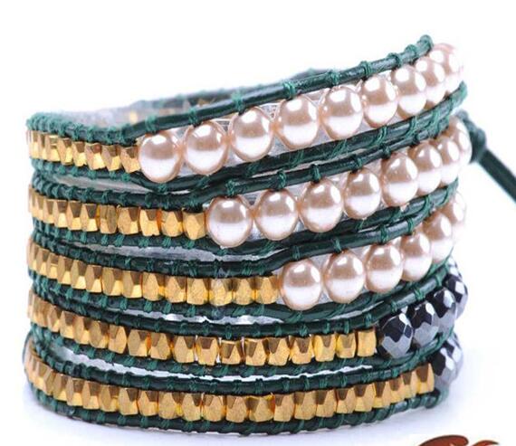 Wholesale pink color pearl 5 wrap leather bracelet